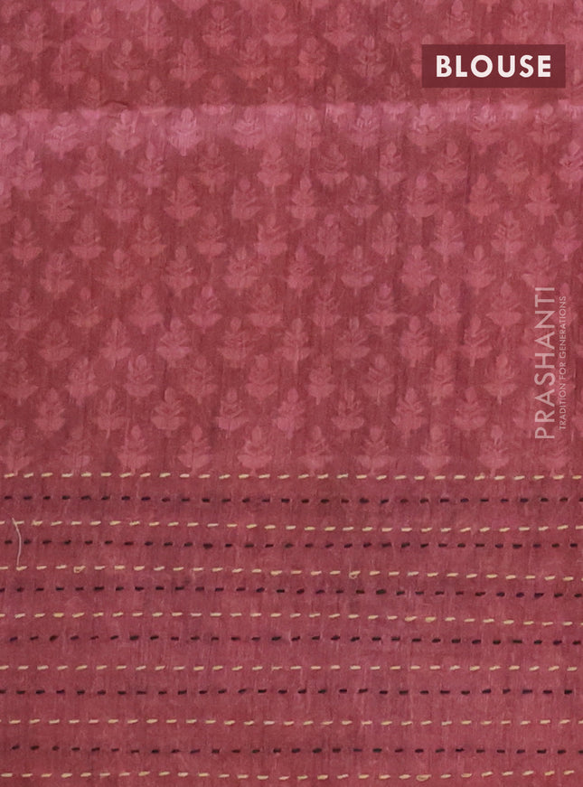 Semi tussar saree grey and maroon shade with allover batik prints and katha stitch work pallu & border