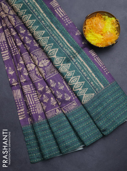 Semi tussar saree purple and green with allover batik prints and katha stitch work pallu & border