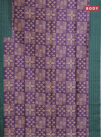 Semi tussar saree purple and green with allover batik prints and katha stitch work pallu & border