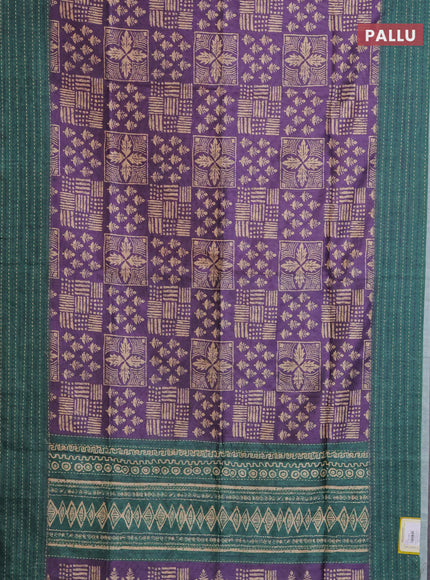 Semi tussar saree purple and green with allover batik prints and katha stitch work pallu & border