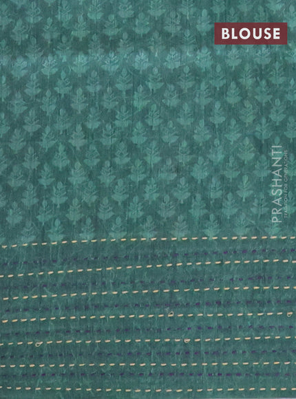 Semi tussar saree purple and green with allover batik prints and katha stitch work pallu & border