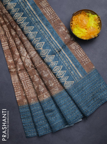 Semi tussar saree dark sandal and peacock blue with allover batik prints and katha stitch work pallu & border
