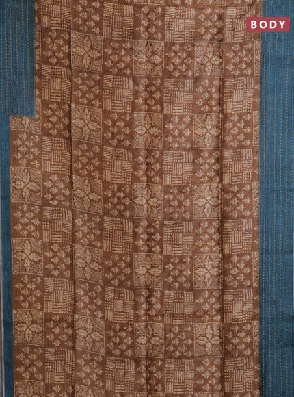 Semi tussar saree dark sandal and peacock blue with allover batik prints and katha stitch work pallu & border