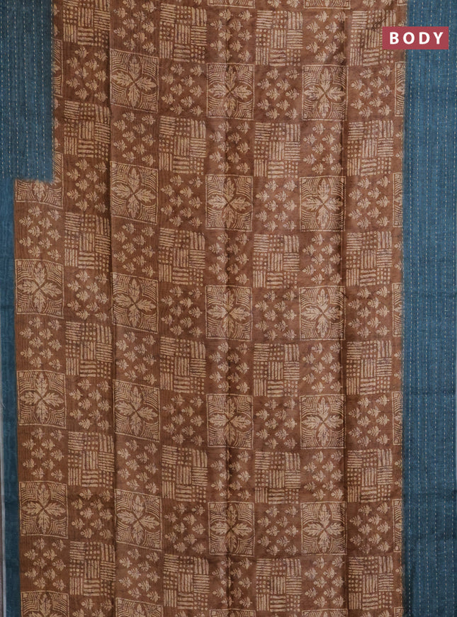 Semi tussar saree dark sandal and peacock blue with allover batik prints and katha stitch work pallu & border