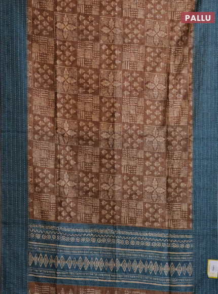 Semi tussar saree dark sandal and peacock blue with allover batik prints and katha stitch work pallu & border