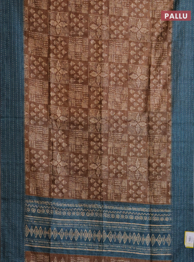 Semi tussar saree dark sandal and peacock blue with allover batik prints and katha stitch work pallu & border