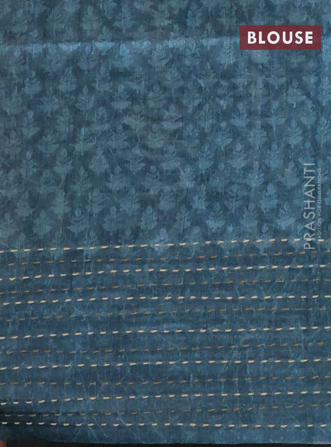 Semi tussar saree dark sandal and peacock blue with allover batik prints and katha stitch work pallu & border