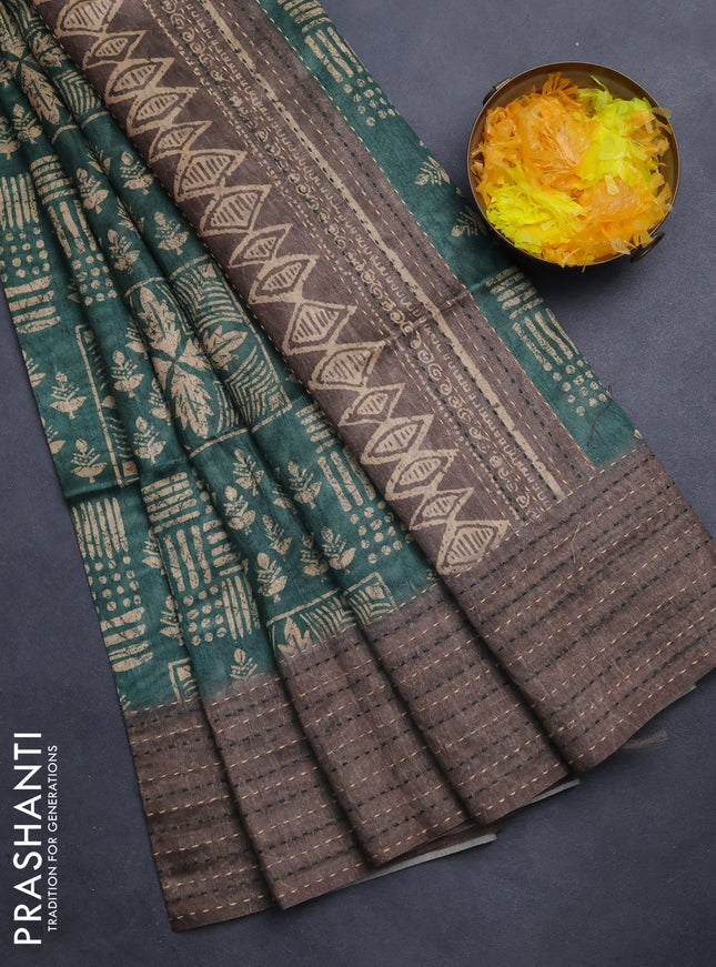 Semi tussar saree green and grey shade with allover batik prints and katha stitch work pallu & border