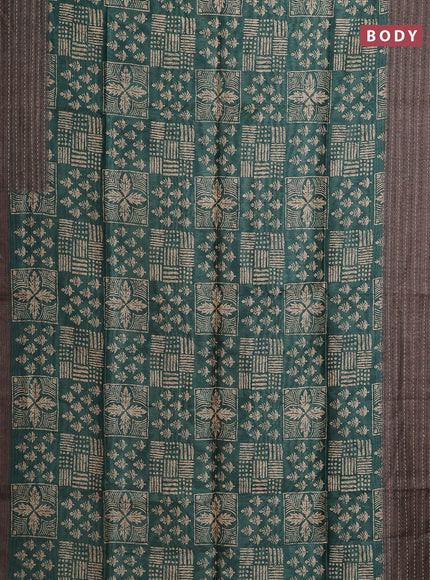 Semi tussar saree green and grey shade with allover batik prints and katha stitch work pallu & border