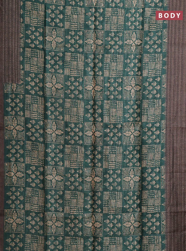 Semi tussar saree green and grey shade with allover batik prints and katha stitch work pallu & border