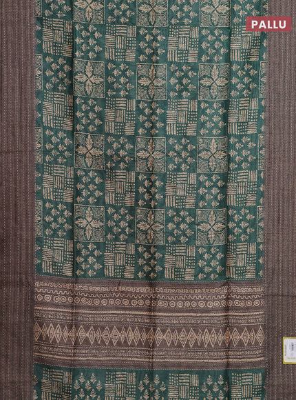 Semi tussar saree green and grey shade with allover batik prints and katha stitch work pallu & border