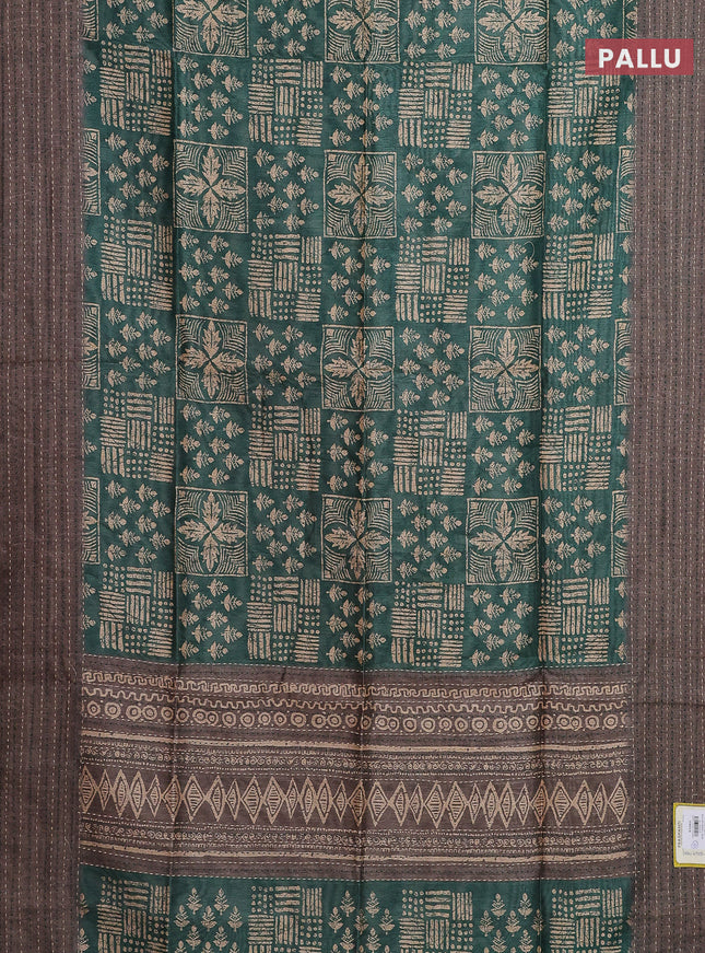 Semi tussar saree green and grey shade with allover batik prints and katha stitch work pallu & border
