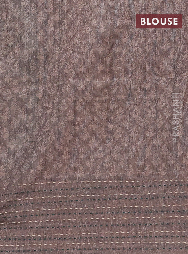 Semi tussar saree green and grey shade with allover batik prints and katha stitch work pallu & border