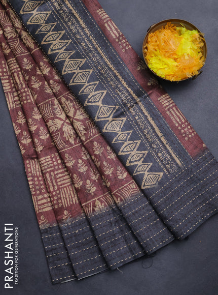 Semi tussar saree brown and grey with allover batik prints and katha stitch work pallu & border