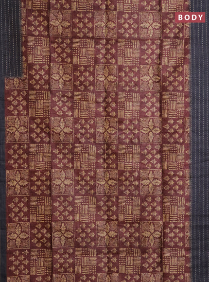 Semi tussar saree brown and grey with allover batik prints and katha stitch work pallu & border