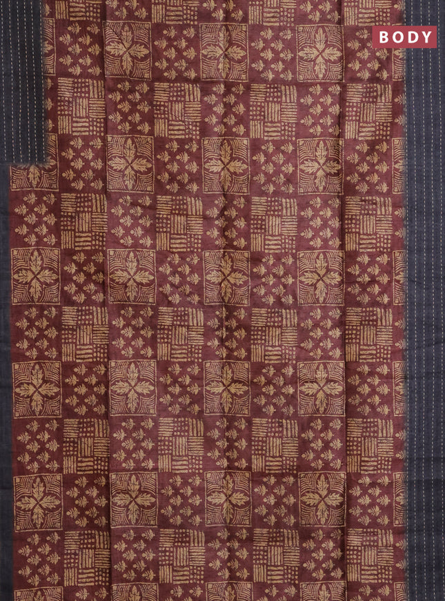 Semi tussar saree brown and grey with allover batik prints and katha stitch work pallu & border