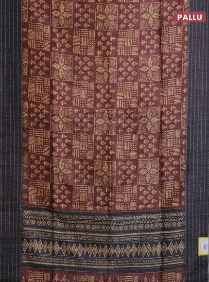 Semi tussar saree brown and grey with allover batik prints and katha stitch work pallu & border