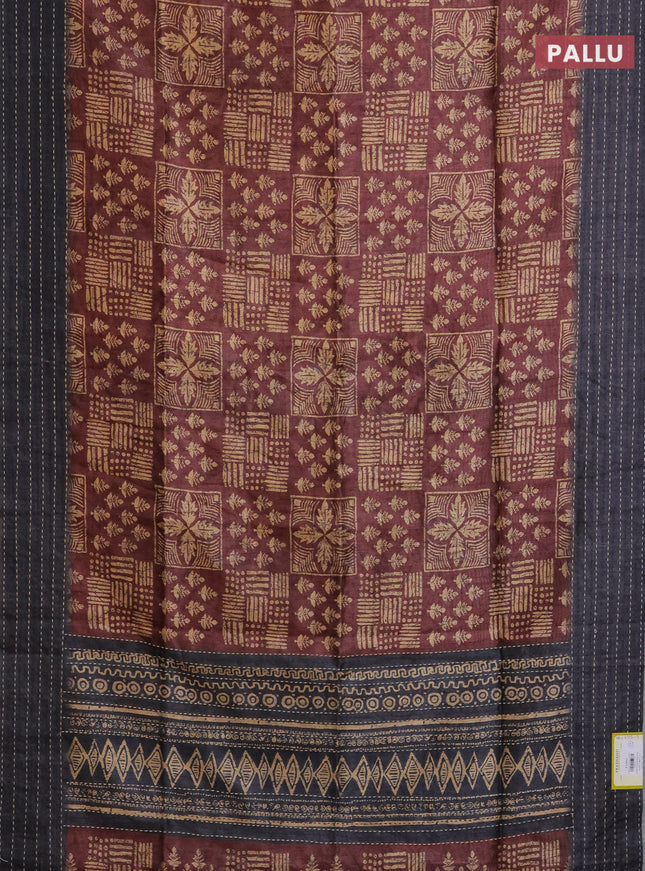 Semi tussar saree brown and grey with allover batik prints and katha stitch work pallu & border