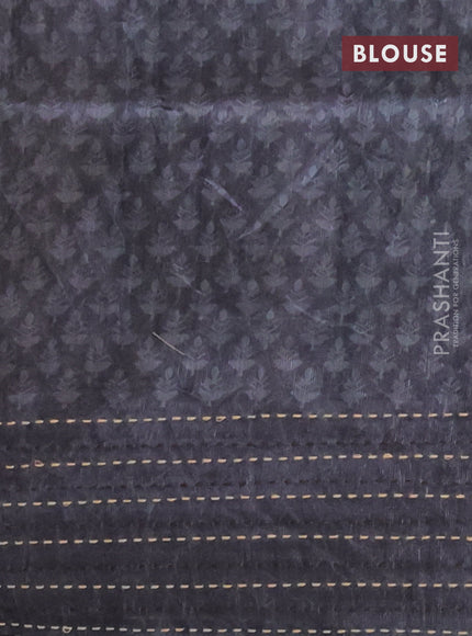 Semi tussar saree brown and grey with allover batik prints and katha stitch work pallu & border