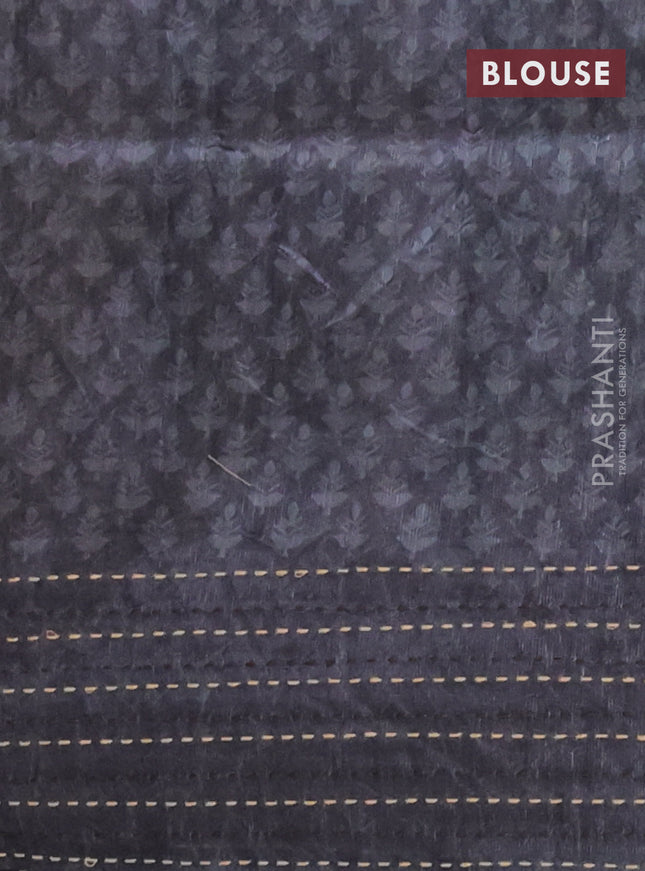 Semi tussar saree brown and grey with allover batik prints and katha stitch work pallu & border