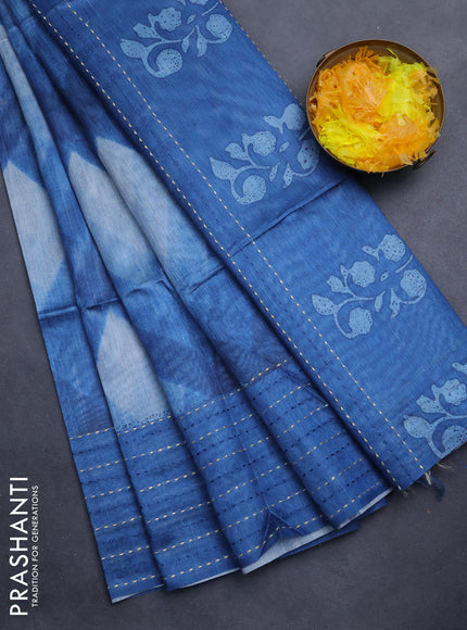 Semi tussar saree indigo blue with allover geometric prints and katha stitch work pallu & border
