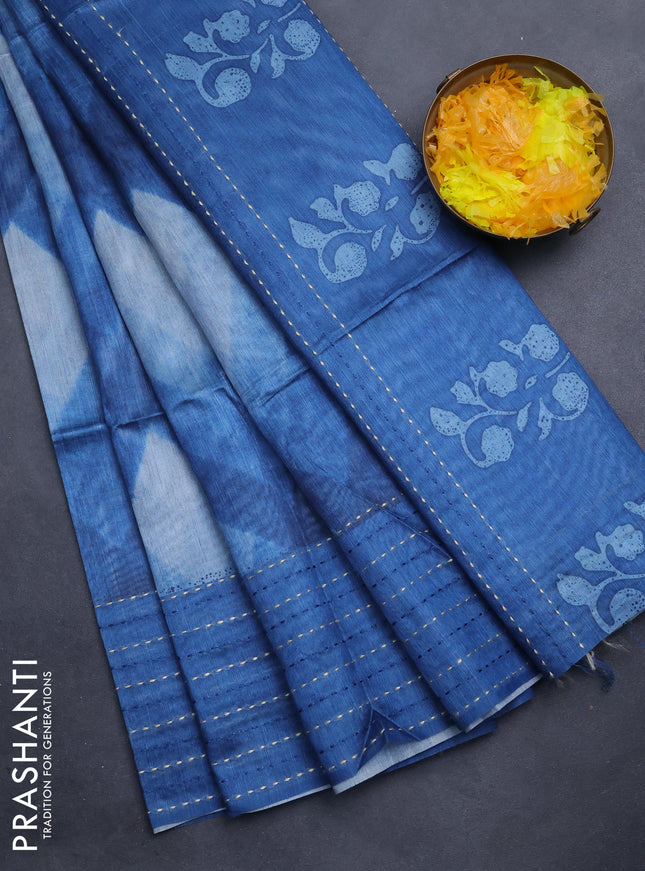 Semi tussar saree indigo blue with allover geometric prints and katha stitch work pallu & border