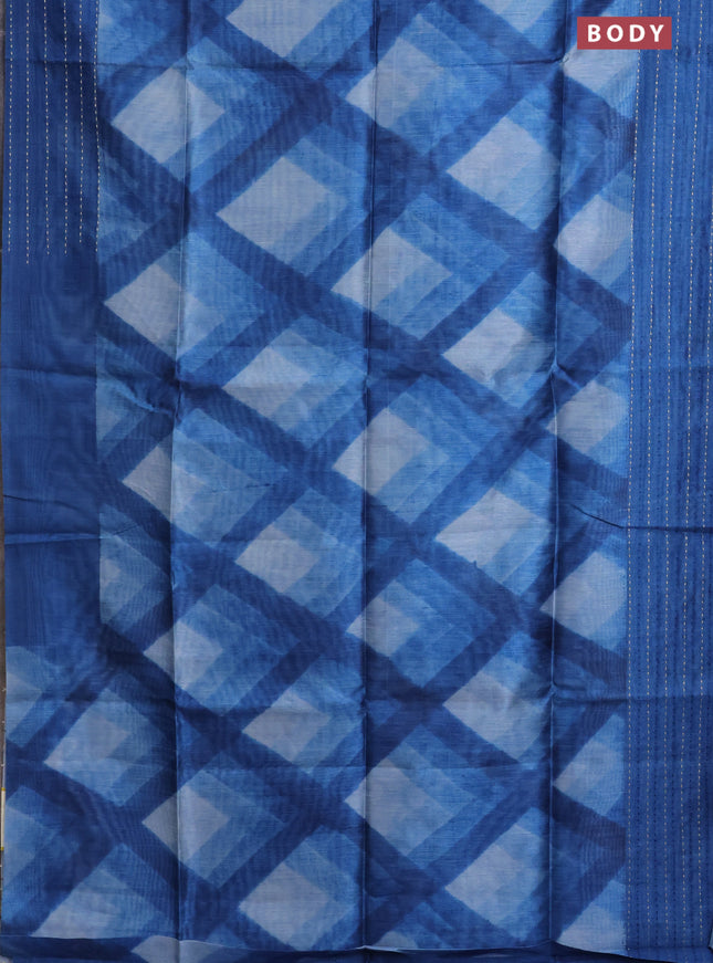 Semi tussar saree indigo blue with allover geometric prints and katha stitch work pallu & border