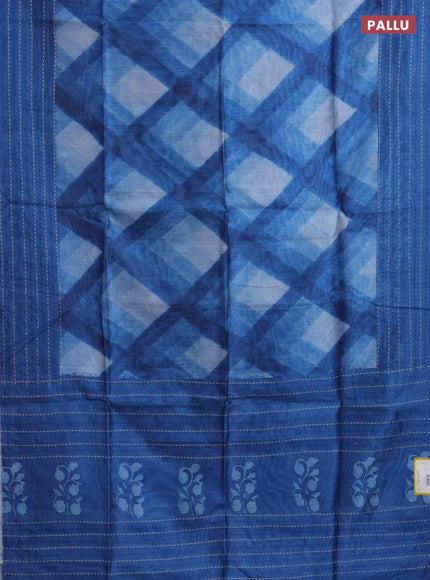 Semi tussar saree indigo blue with allover geometric prints and katha stitch work pallu & border