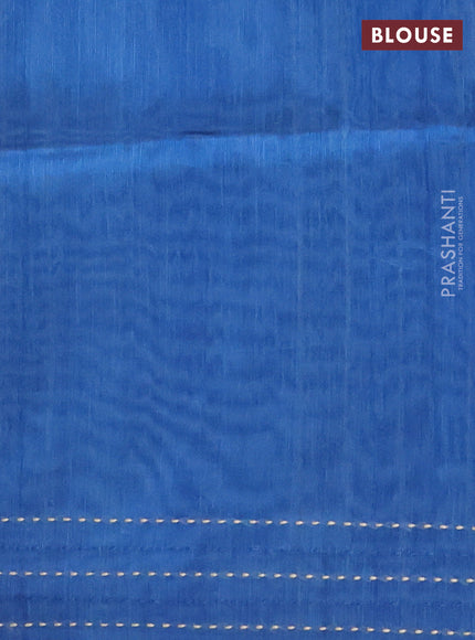 Semi tussar saree indigo blue with allover geometric prints and katha stitch work pallu & border