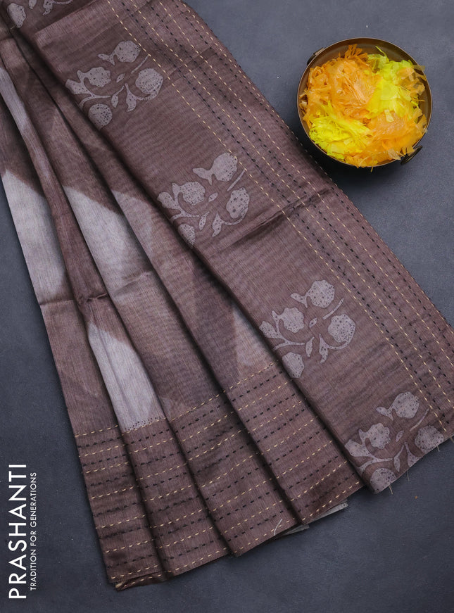 Semi tussar saree coffee brown with allover geometric prints and katha stitch work pallu & border