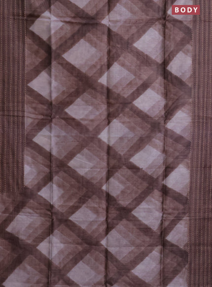 Semi tussar saree coffee brown with allover geometric prints and katha stitch work pallu & border