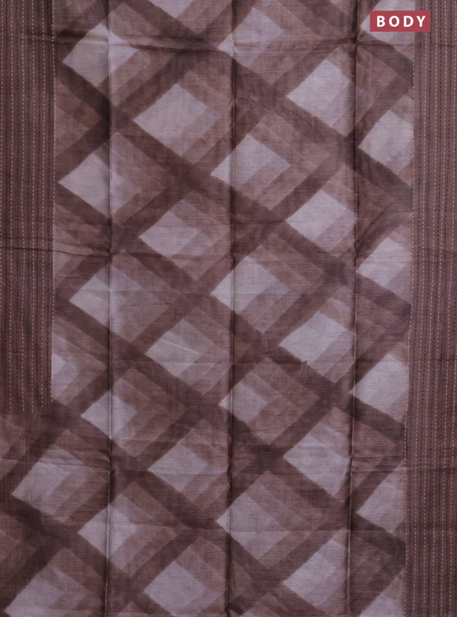 Semi tussar saree coffee brown with allover geometric prints and katha stitch work pallu & border
