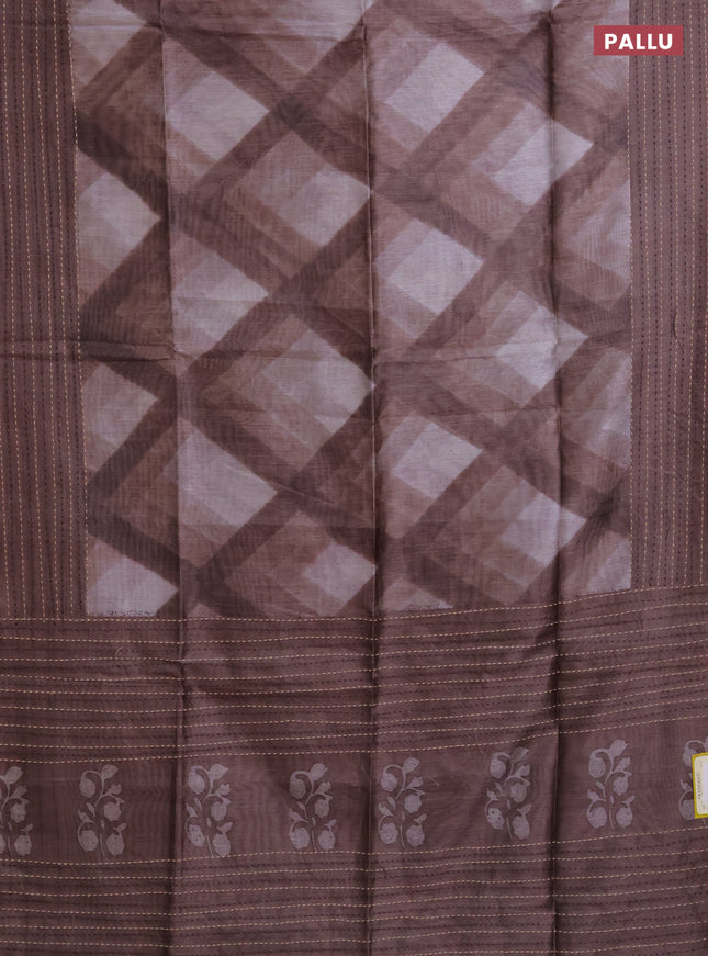 Semi tussar saree coffee brown with allover geometric prints and katha stitch work pallu & border