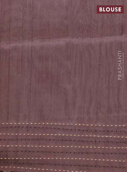 Semi tussar saree coffee brown with allover geometric prints and katha stitch work pallu & border