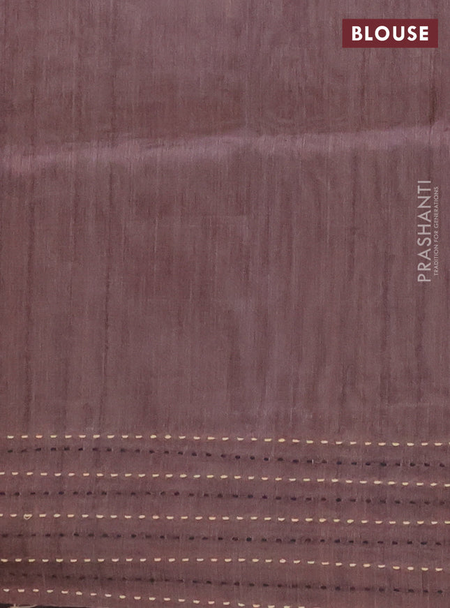 Semi tussar saree coffee brown with allover geometric prints and katha stitch work pallu & border