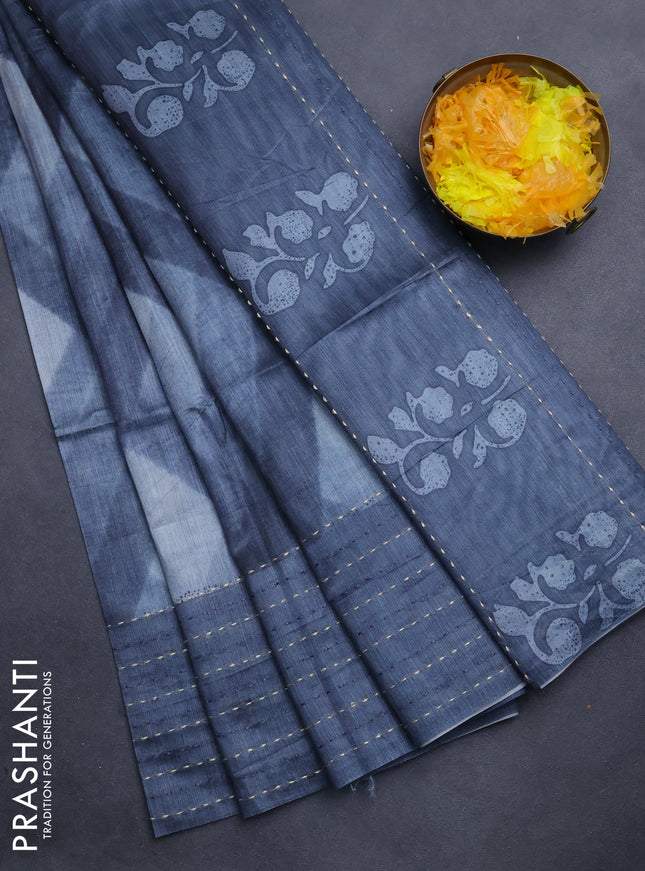 Semi tussar saree grey with allover geometric prints and katha stitch work pallu & border