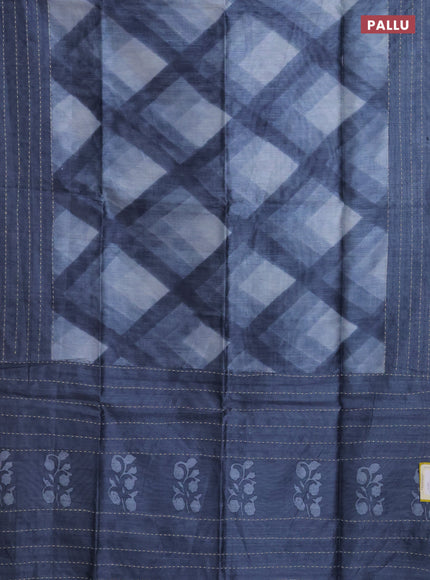 Semi tussar saree grey with allover geometric prints and katha stitch work pallu & border