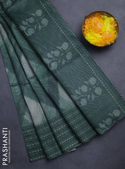 Semi tussar saree sap green with allover geometric prints and katha stitch work pallu & border