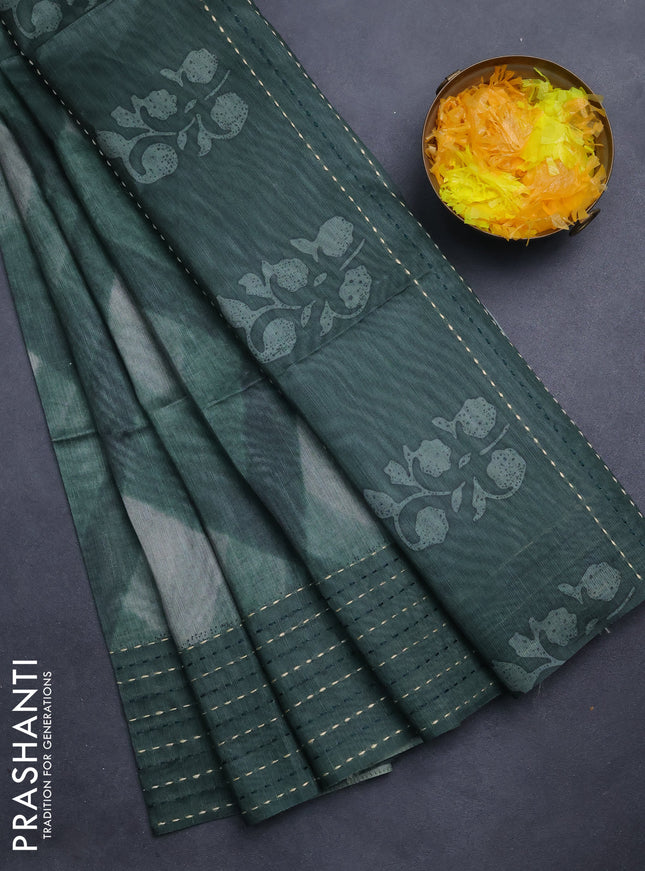 Semi tussar saree sap green with allover geometric prints and katha stitch work pallu & border