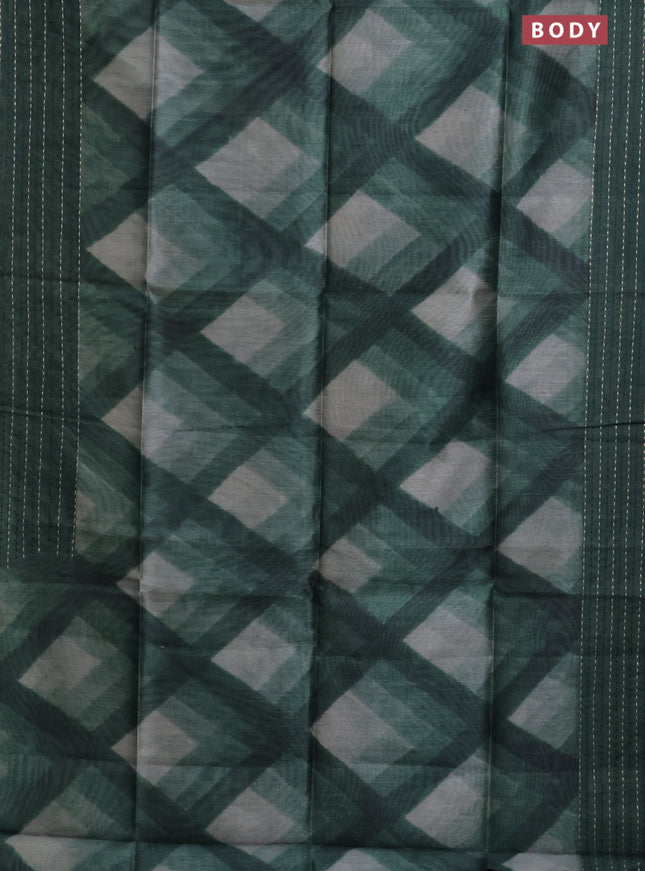 Semi tussar saree sap green with allover geometric prints and katha stitch work pallu & border