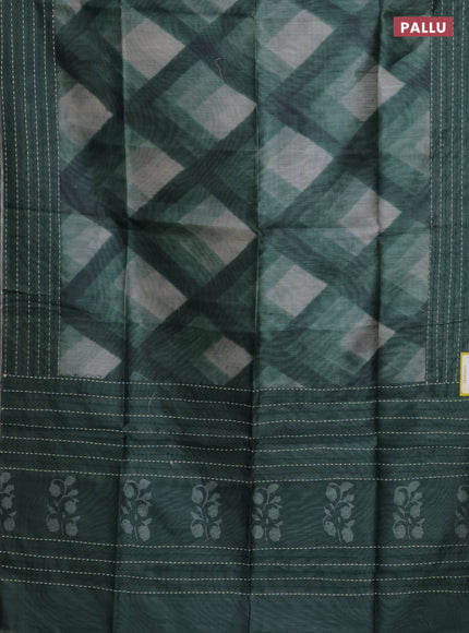 Semi tussar saree sap green with allover geometric prints and katha stitch work pallu & border