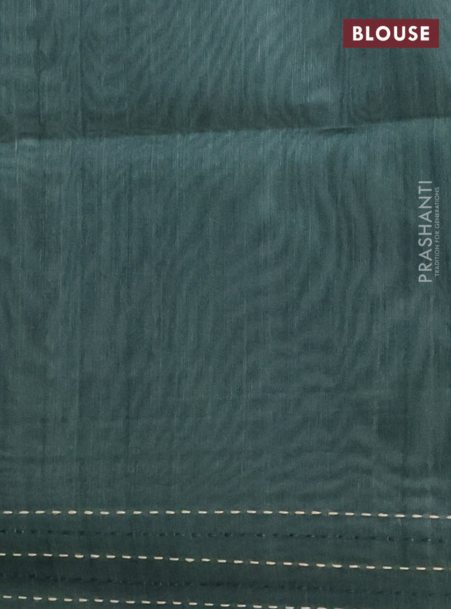 Semi tussar saree sap green with allover geometric prints and katha stitch work pallu & border