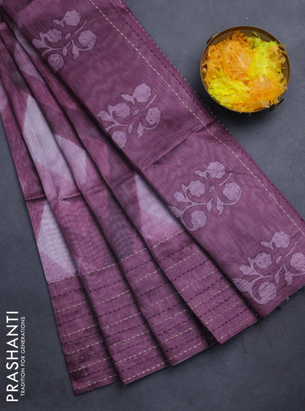 Semi tussar saree wine shade with allover geometric prints and katha stitch work pallu & border