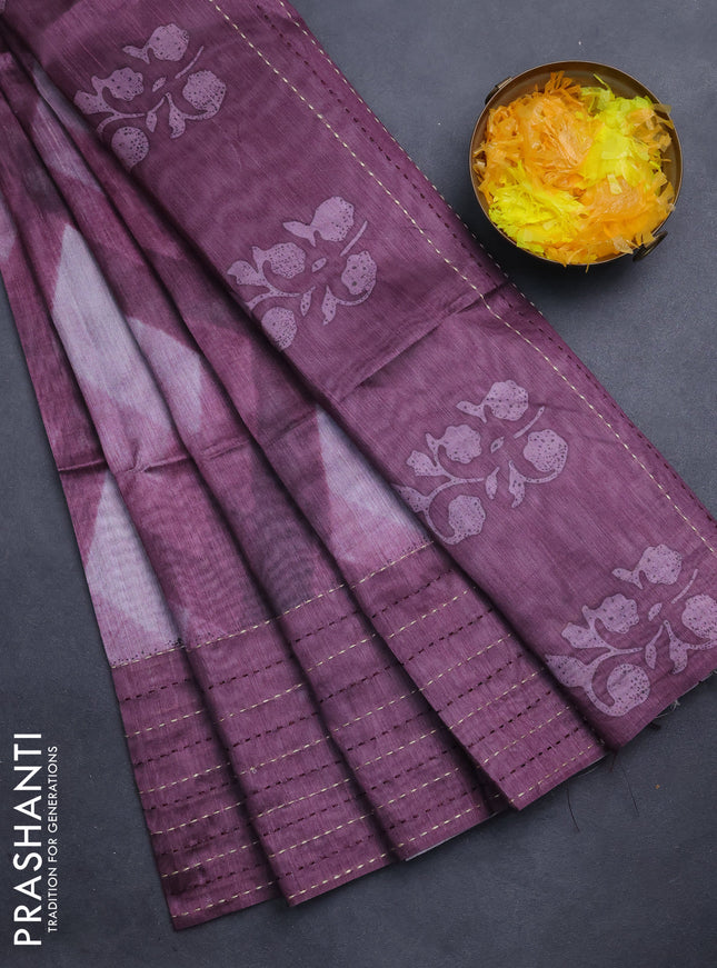Semi tussar saree wine shade with allover geometric prints and katha stitch work pallu & border
