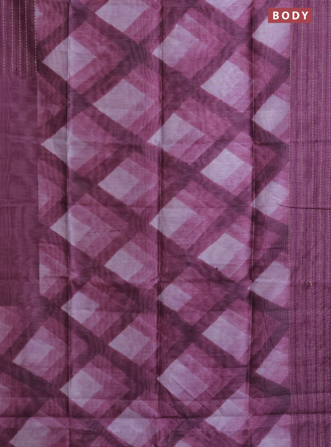 Semi tussar saree wine shade with allover geometric prints and katha stitch work pallu & border