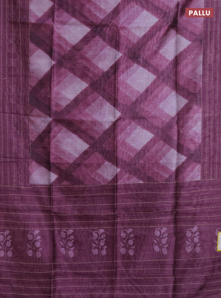 Semi tussar saree wine shade with allover geometric prints and katha stitch work pallu & border