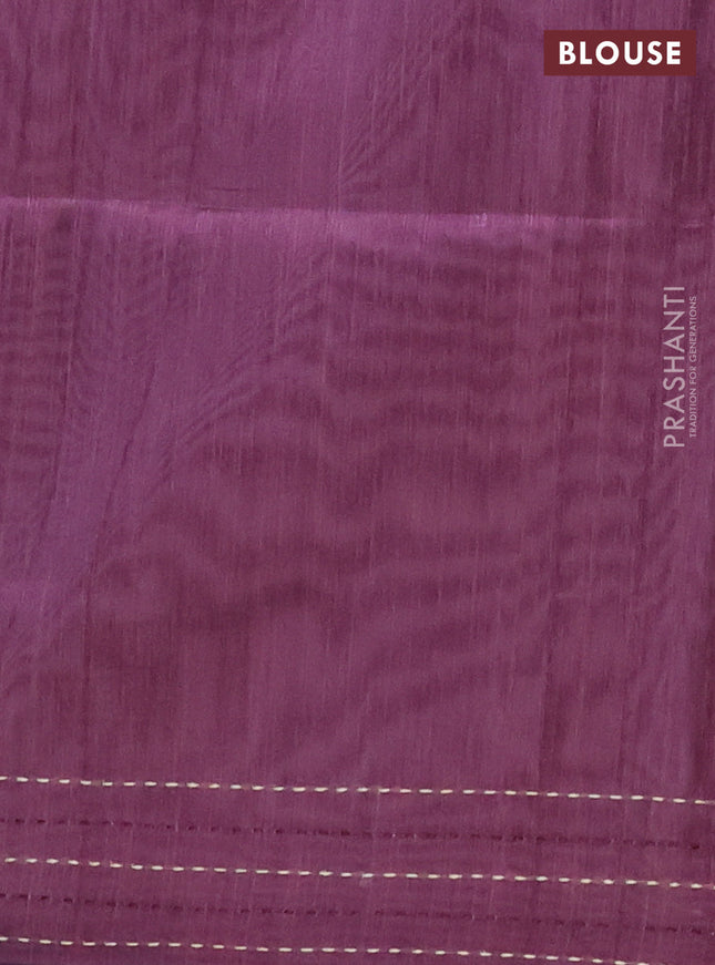 Semi tussar saree wine shade with allover geometric prints and katha stitch work pallu & border