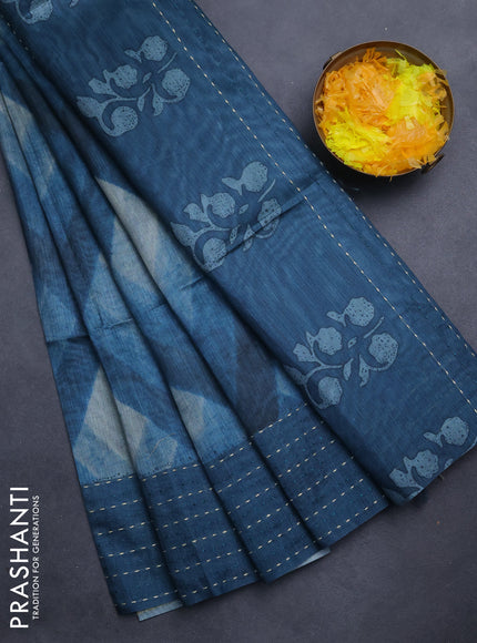 Semi tussar saree peacock blue with allover geometric prints and katha stitch work pallu & border