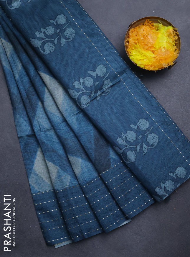 Semi tussar saree peacock blue with allover geometric prints and katha stitch work pallu & border