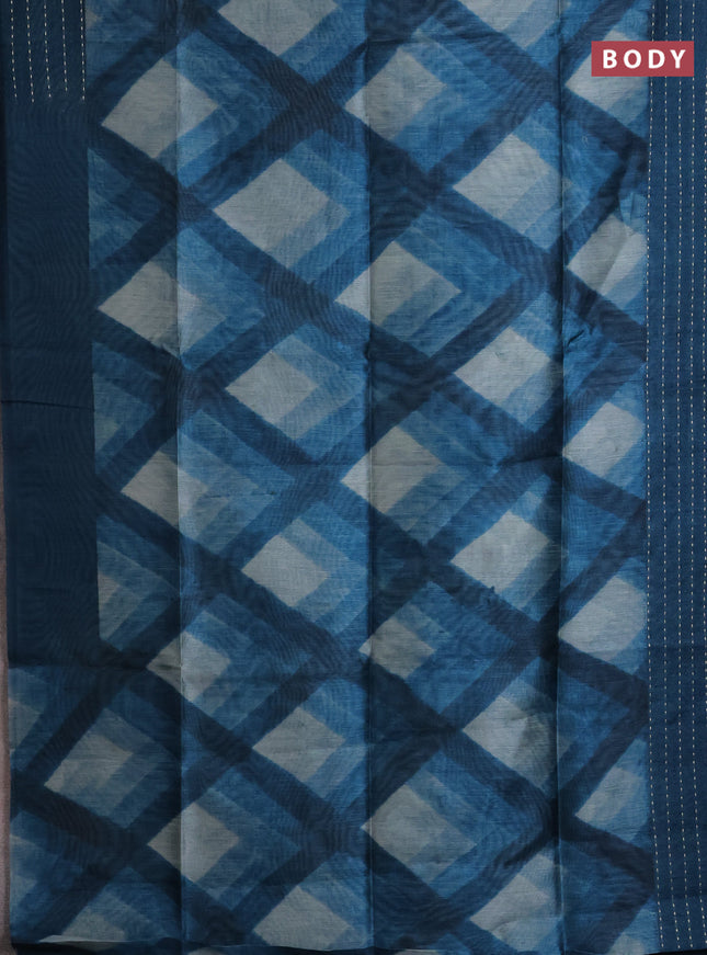 Semi tussar saree peacock blue with allover geometric prints and katha stitch work pallu & border